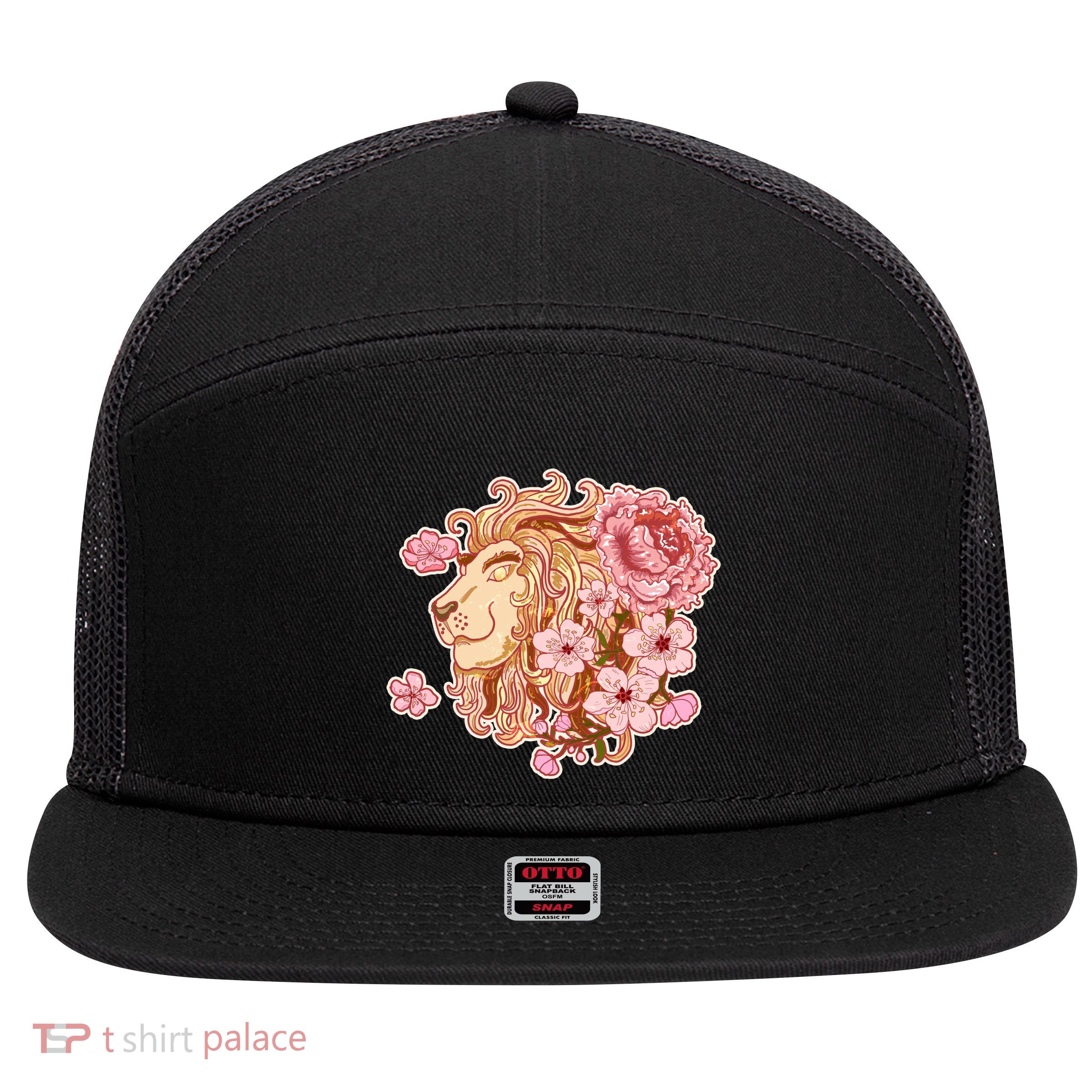 Zodiac Leo Lion with Japanese Cherry Blossoms 7 Panel Mesh Trucker Snapback Hat