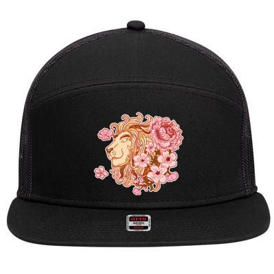 Zodiac Leo Lion with Japanese Cherry Blossoms 7 Panel Mesh Trucker Snapback Hat