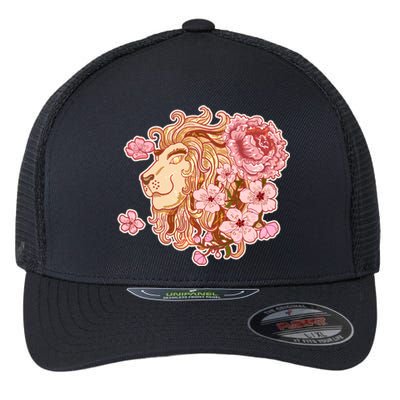 Zodiac Leo Lion with Japanese Cherry Blossoms Flexfit Unipanel Trucker Cap