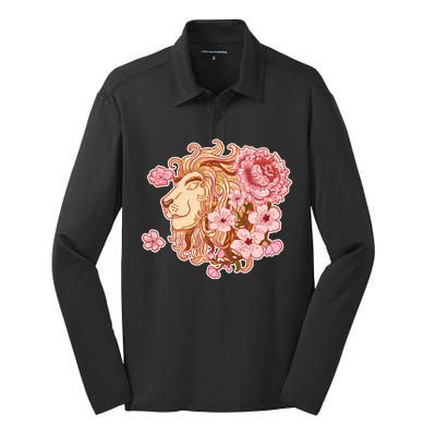 Zodiac Leo Lion with Japanese Cherry Blossoms Silk Touch Performance Long Sleeve Polo