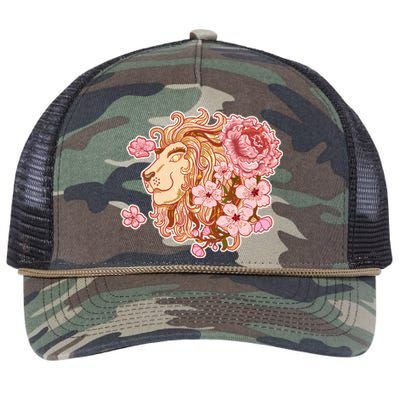 Zodiac Leo Lion with Japanese Cherry Blossoms Retro Rope Trucker Hat Cap