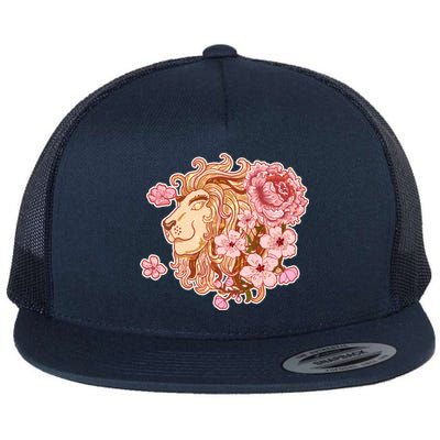 Zodiac Leo Lion with Japanese Cherry Blossoms Flat Bill Trucker Hat