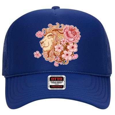 Zodiac Leo Lion with Japanese Cherry Blossoms High Crown Mesh Back Trucker Hat