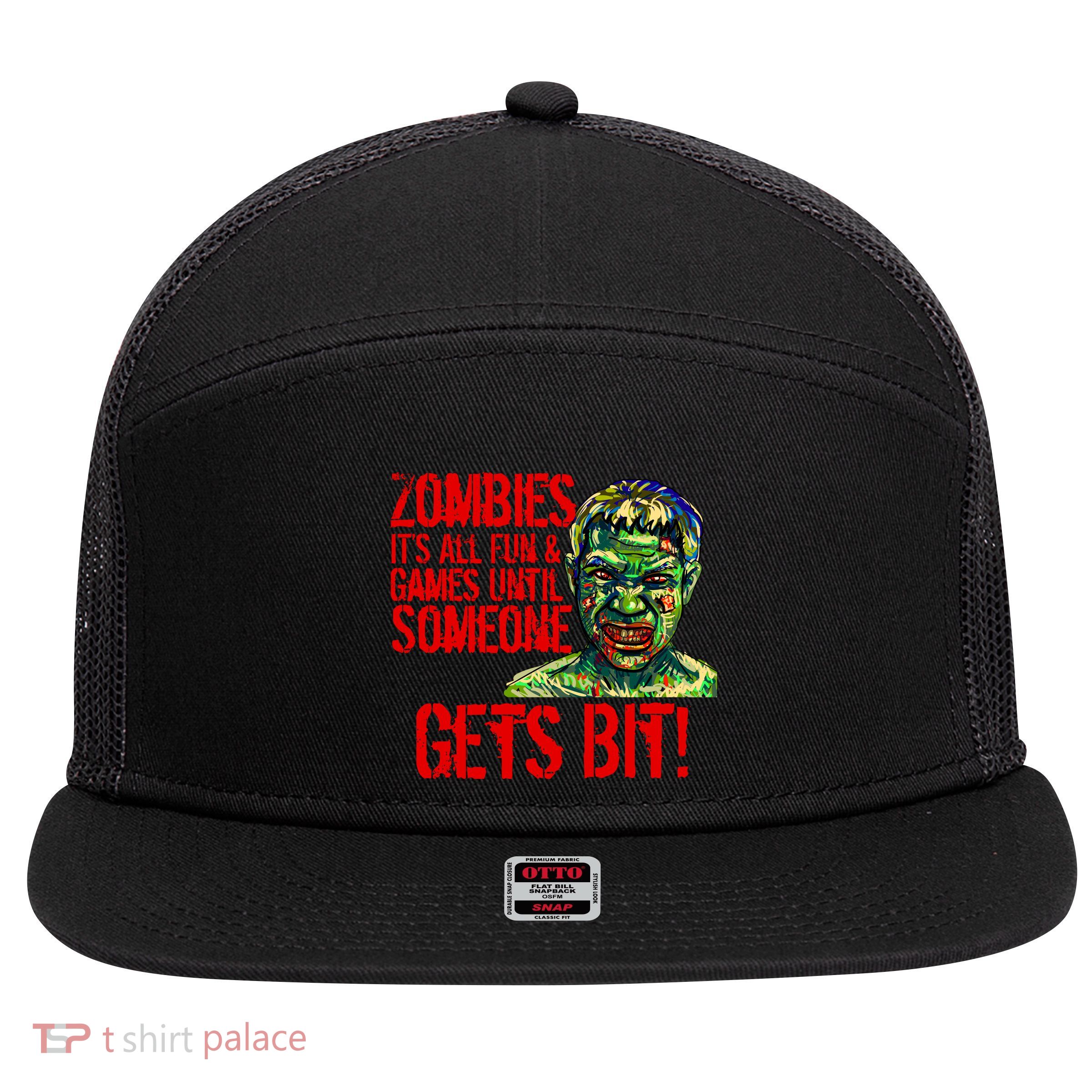Zombies It's All Fun and Games 7 Panel Mesh Trucker Snapback Hat
