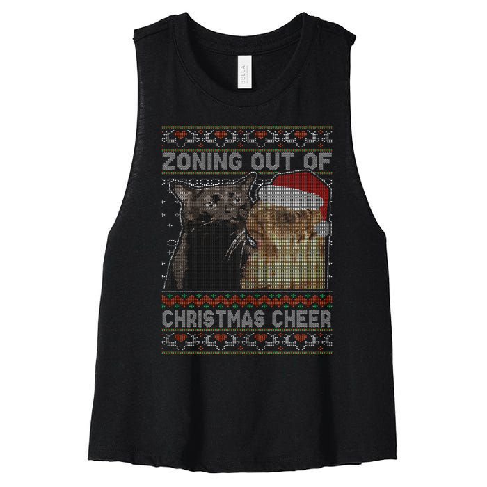 Zoning Out Of Christmas Cheer Cat Staring Christmas Sweater Women's Racerback Cropped Tank