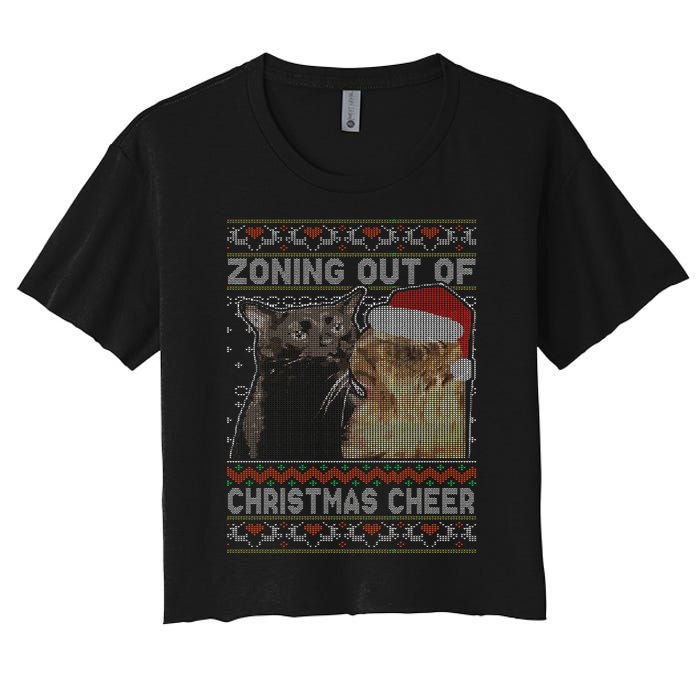 Zoning Out Of Christmas Cheer Cat Staring Christmas Sweater Women's Crop Top Tee