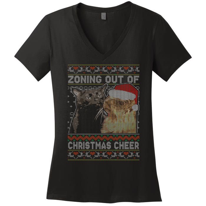 Zoning Out Of Christmas Cheer Cat Staring Christmas Sweater Women's V-Neck T-Shirt