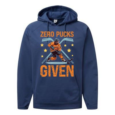 Zero Pucks Given Bold Hockey Playe Funny Gift Performance Fleece Hoodie