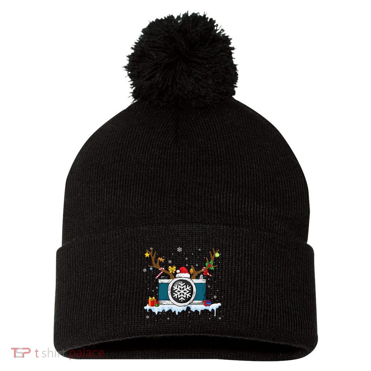 Z1gb Reindeer Camera Christmas Merry Xmas Photographer Noel Pom Pom 12in Knit Beanie