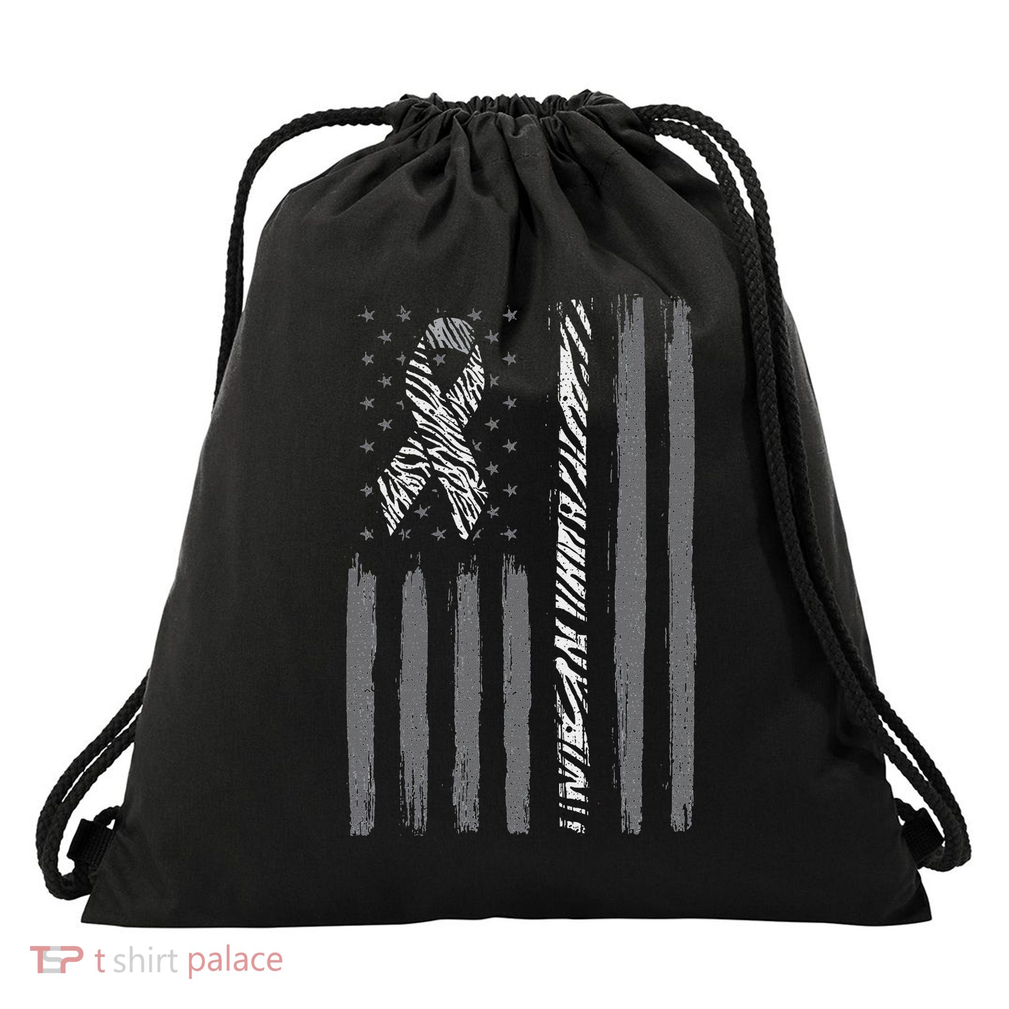 Zebra Ribbon Us Flag Carcinoid Cancer Awareness Drawstring Bag