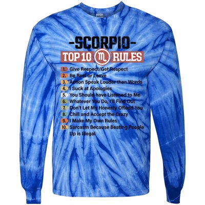 Zodiac Sign Funny Top 10 Rules Of Scorpio Graphic Gift Tie-Dye Long Sleeve Shirt