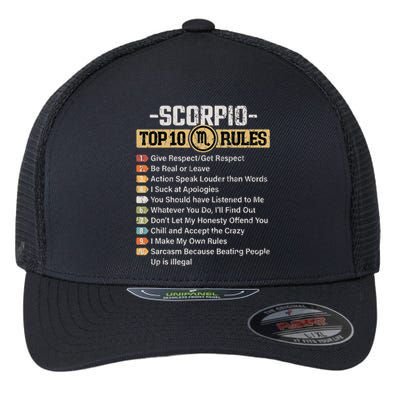 Zodiac Sign Funny Top 10 Rules Of Scorpio Flexfit Unipanel Trucker Cap