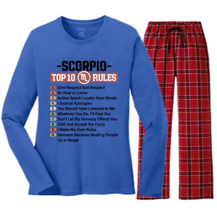 Zodiac Sign Funny Top 10 Rules Of Scorpio Graphic Gift Women's Long Sleeve Flannel Pajama Set 