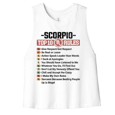 Zodiac Sign Funny Top 10 Rules Of Scorpio Graphic Gift Women's Racerback Cropped Tank