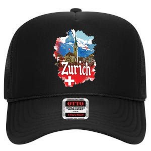 Zurich Switzerland Swiss Flag City Souvenir High Crown Mesh Back Trucker Hat