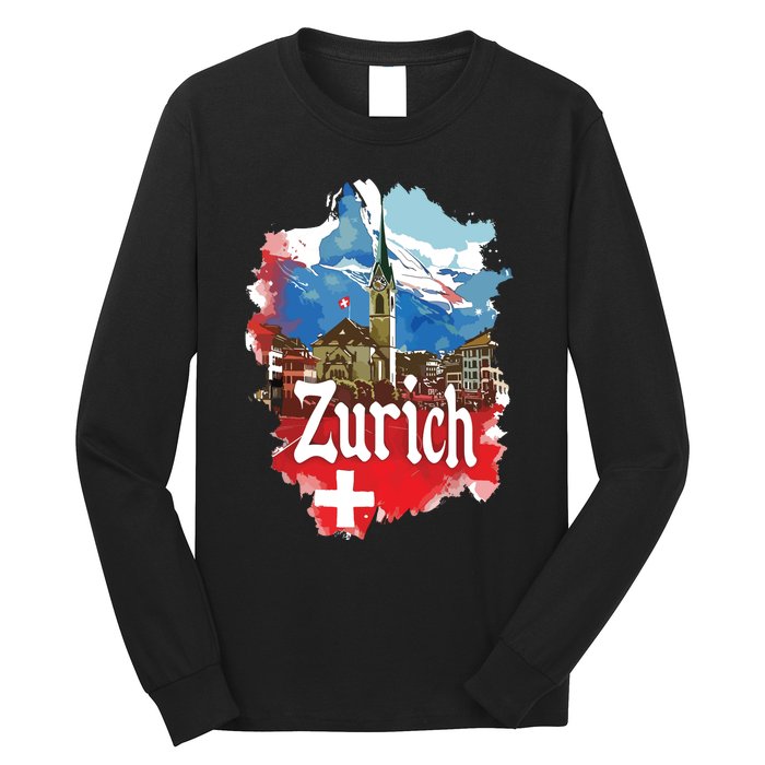 Zurich Switzerland Swiss Flag City Souvenir Long Sleeve Shirt