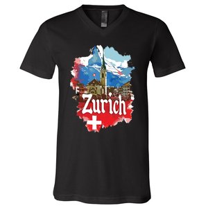 Zurich Switzerland Swiss Flag City Souvenir V-Neck T-Shirt