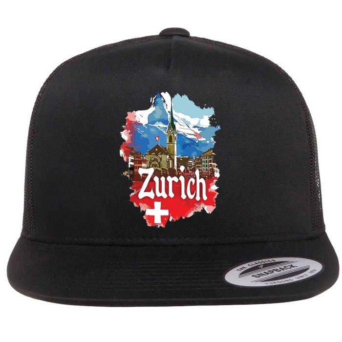 Zurich Switzerland Swiss Flag City Souvenir Flat Bill Trucker Hat