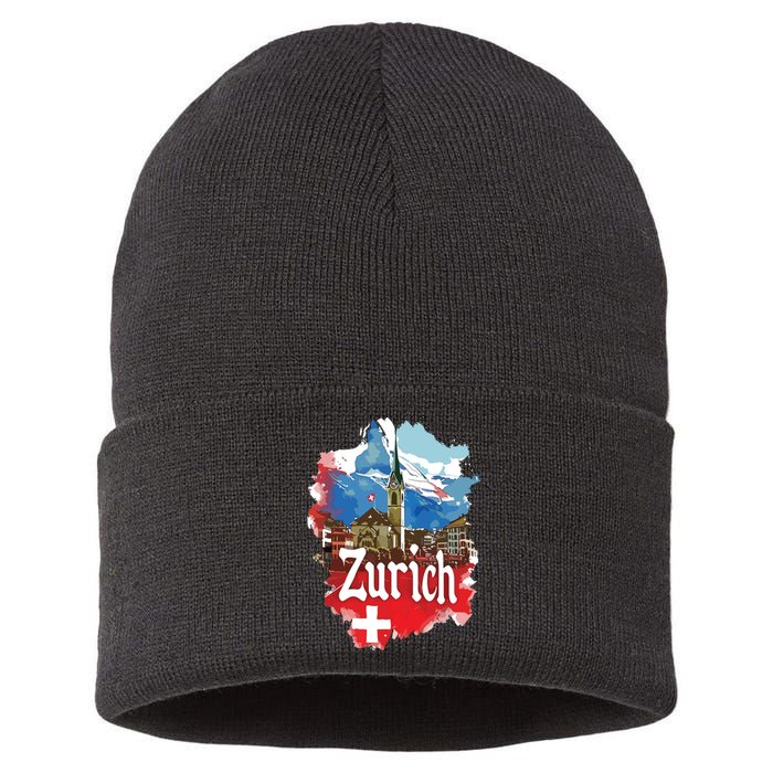 Zurich Switzerland Swiss Flag City Souvenir Sustainable Knit Beanie