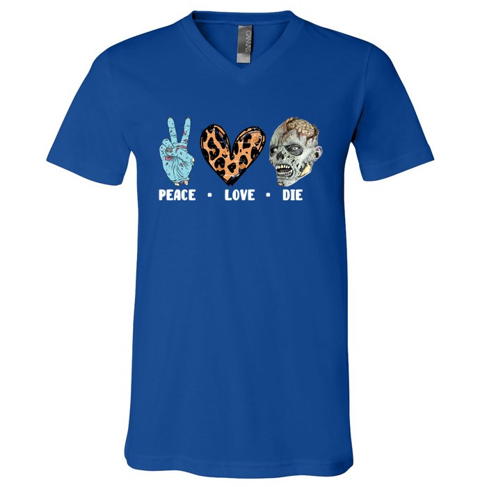 Zombie Trick Or Treat Leopard Heart Peace Love Halloween Gift V-Neck T-Shirt