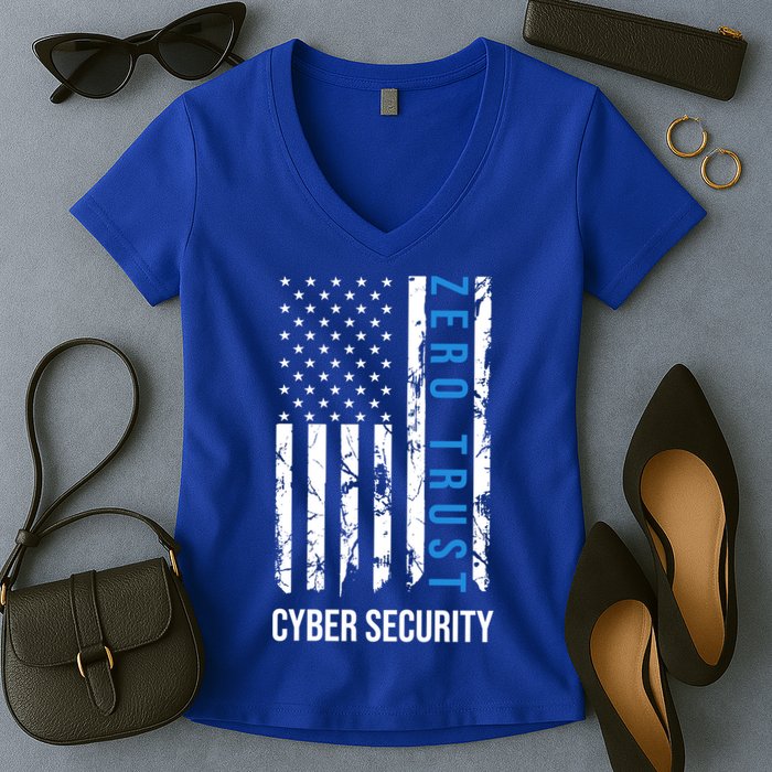 Zero Trust Us Flag Cyber Security Hacking Hacker Developer Funny Gift Women's V-Neck T-Shirt