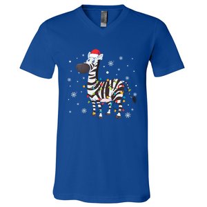 Zebra Wearing Santa Hat Snowflakes Christmas Lights Gift V-Neck T-Shirt