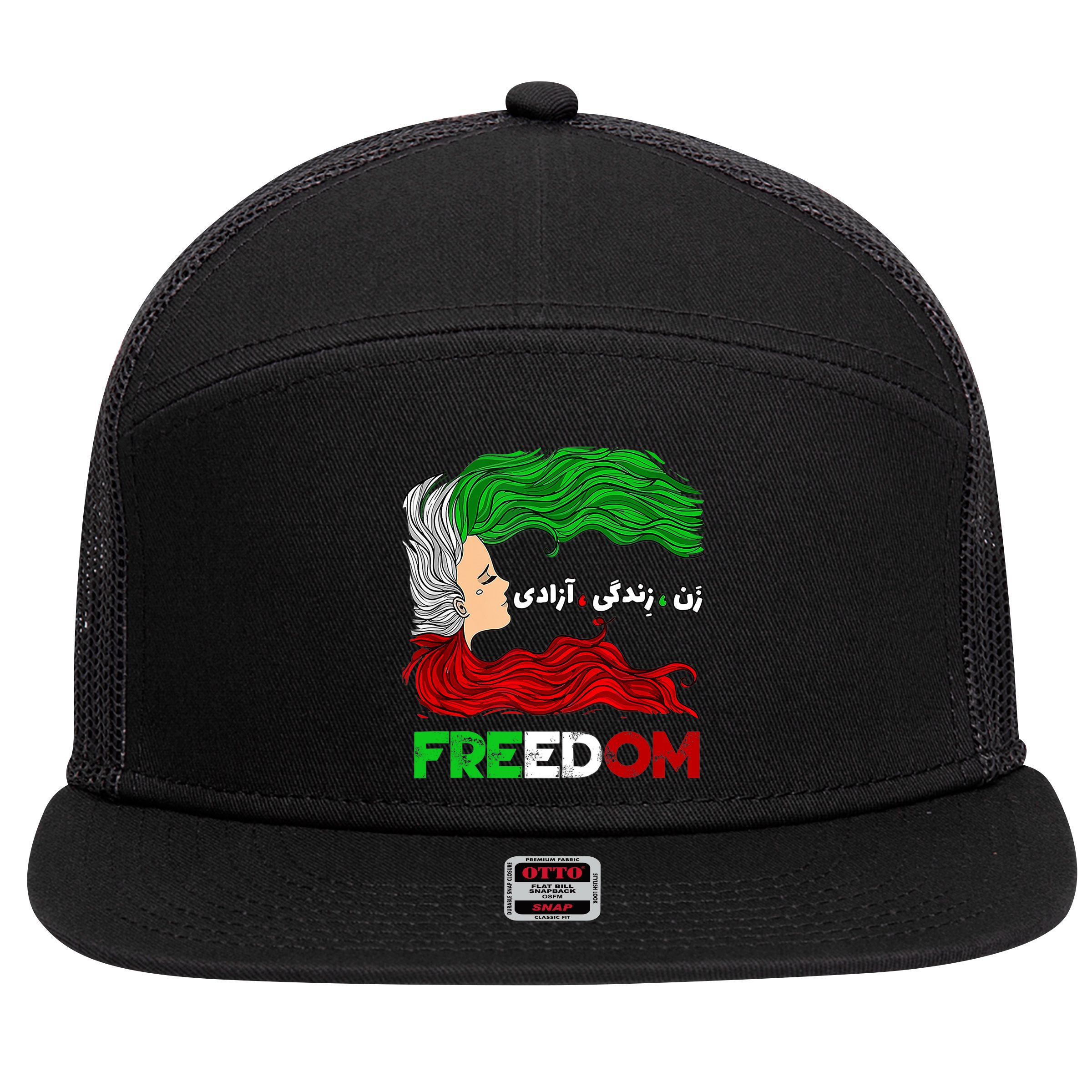 Zan Zendegi Azadi Iran Persian Woman Life Hair Freedom White 7 Panel Mesh Trucker Snapback Hat
