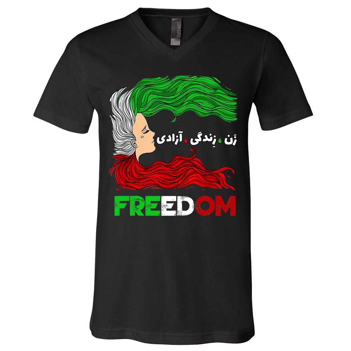 Zan Zendegi Azadi Iran Persian Woman Life Hair Freedom White V-Neck T-Shirt