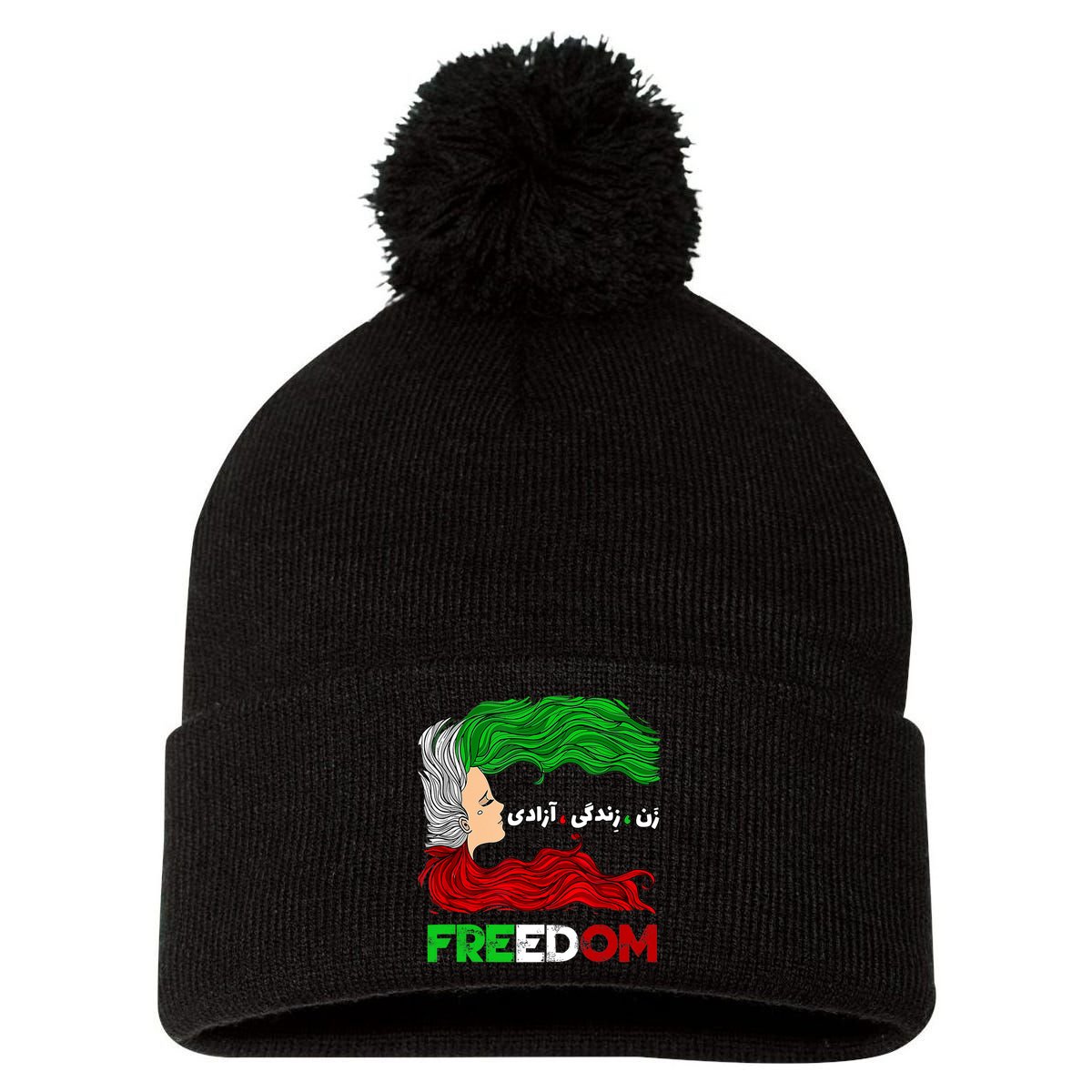 Zan Zendegi Azadi Iran Persian Woman Life Hair Freedom White Pom Pom 12in Knit Beanie