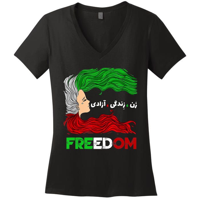 Zan Zendegi Azadi Iran Persian Woman Life Hair Freedom White Women's V-Neck T-Shirt