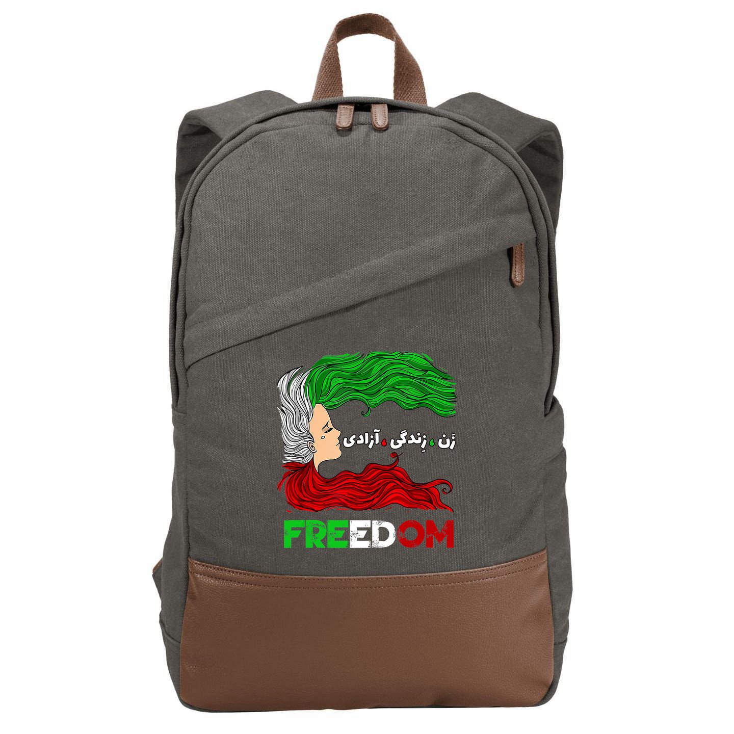 Zan Zendegi Azadi Iran Persian Woman Life Hair Freedom White Cotton Canvas Backpack